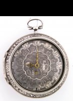 Antique dutch silver pair case verge pocket watch by C. Uyterweer, Rotterdam, N 275,. ca 1740 
Original silver dial with date indication. Silver casted outer case, mock pendulum with latin text: 