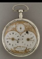 Captains silver verge pocket watch with double dials, date, enamel  goldpainted dialplate, signed 'Courvoisier & Comp'. ca 1800