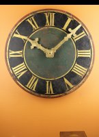 Antique original painted round dial of tower clock with antique gilded roman digits and hands and working antique modified hands motion work. The clock is working on 230V/50Hz synchronized motor. 
Comes with special designed wall mount. 
Dial diameter ca 100 cm (40