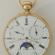 Louis Audemars, made for Charles Oudin, Palais Royal 52, Paris. A yellow open-faced full calendar pocket watch with moon-phases.