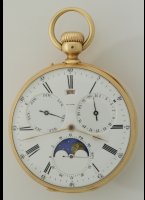 High quality pocket watch from Louis Audemars made for Charles Oudin.Louis Audemars case serial number 9189 dating the watch 1863-64. Golden inner lid has Charles Oudin number 19699, Horloger de la Marine, Palais Royal 52, Paris. Medailles de 1806 a 1862. Enamel dial plate has day-, month-, date-- and moon indication. Backlid has WFS monogram. 