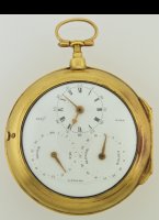 Large gilded double face watch. On one side an enamel dial with central seconds. The other side has an enamel dial with hour/minutes, moon days, adjustment and a signature of 'Benj.n Ward, London'. Diameter 80 mm, total length 106 mm, weight ca. 300 gr.