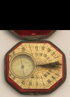 Butterfield-type brass engraved traveling sundial with compass. 65 x 58mm