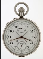 Ulysse Nardin chronometre rattrapante (split-second chronograph) 'deck watch' in original box. Serienummer 127442. Enamel dial writes: 'Ulysse Nardin Locle Suisse, Chronomètre, 127442'
In perfect condition.