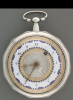 Typical case and dial, partly engineturned and enamel with blue decorations. Diameter 50 mm