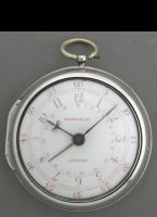 Paircased vergewatch has on both cases London hallmarks of 1787. The enamel dialplate has gold hours, the minutes, date and signature are red enamelled. Steel hands. Diameter 69 mm.