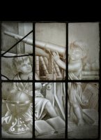 Early sepia stained glass window with allegorical astronomical putti scene.

60 x 72 cm