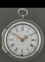 Rare German 8-day verge watch. The movement has an extra wheel between the fusee and the minute-wheel. The direction of the fusee has turned for this. Both cases have 3 hallmarks of a bear or lion, a stamp '14' and a stamped name 'DUBOIS'. Diameter 51 mm.