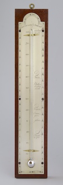 American thermometer, hand engraved silvered brass scale with Reaumur-mercury-thermometer, in french language.
Signed: Donagan & Co, Philadelphia.

Donegan is mentioned in 'Early American Scientific Instruments and their Makers' by Silvio Bedini.
http://www.gutenberg.org/files/39141/39141-h/39141-h.htm

Information about French speaking in the Philadelphia area can be found here:
http://philadelphiaencyclopedia.org/archive/french-revolution/