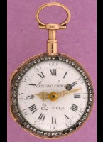 Fine quarter striking verge movement in gold case (3 colors). ca 1780. Movement and enamel dialplate signed 'Isaac Soret & Fils'. Diameter 37 mm.