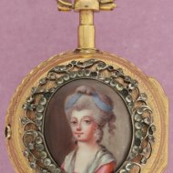 Small swiss gilded verge watch with enamel portret of a lady.