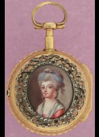 Gilded pair cased watch has a fine enamel lady-portret in silver ornament with 'rhine'-stones. Gilded movement and enamel dialplate both signed 'Bordier a Geneve'. ca 1780, diameter 36 mm.